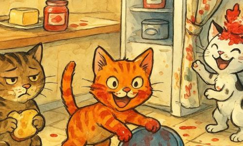 Biscotte, petit chaton roux malin, est au centre, la patte collante de confiture rouge dans un saladier renversé, la queue dressée et l’air espiègle ; Maxou, chat tigré plus grand et penaud, a le museau barbouillé de beurre et tient une tartine écrasée ; Chipie, chatonne blanche à taches noires, couronnée de confiture, rit en grattant des rideaux tachés ; la cuisine est en joyeuse pagaille — carrelage et rideaux éclaboussés, frigo ouvert avec une boîte de sardines, un pot de confiture et une motte de beurre sur le plan de travail, le soleil projetant des reflets chauds sur les éclaboussures.