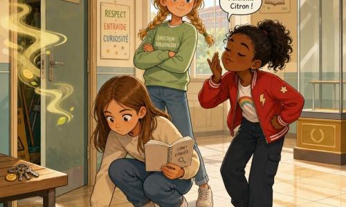 Trois fillettes de 11 ans enquêtent dans le hall d'une école lumineux au carrelage beige : Mina, cheveux châtain clair en coupe droite, accroupie près d'une tache humide parfumée au citron, carnet ouvert à la main ; Zoé, cheveux noirs bouclés en queue, veste rouge, debout à droite de Mina, reniflant l'air avec malice ; Inès, cheveux blonds en tresse, sweat vert clair, derrière elles bras croisés, prête à courir vers la bibliothèque. À l'arrière-plan, une grande vitrine vide sur socle doré, une porte de local de ménage entrouverte laissant échapper une faible vapeur jaune pâle et un trousseau de clés sur un banc ; rayons de soleil traversant les fenêtres projettent des ombres nettes. L'ambiance est légère et colorée, palette douce aux touches vives, composition centrée sur le trio.