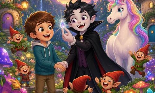 Vlad, vampire rigolo et maladroit à la cape noire flottante, cheveux ébouriffés et petits crocs souriants tient délicatement une petite larme brillante entre ses doigts pâles ; Léo, garçon de 10 ans châtain, tient la main de Vlad à gauche et admire la larme ; en arrière-plan à droite, une licorne blanche nacrée à crinière arc‑en‑ciel a une larme scintillante ; plusieurs lutins revivifiés aux petits corps et chapeaux rouges sautillent autour, certains sur des pierres basses ; décor : vallée enchantée aux fleurs géantes, champignons lumineux, maisons rondes en pierre aux portes colorées et lanternes, ciel crépusculaire mauve étoilé ; scène centrale : moment doux et drôle de triomphe où Vlad et Léo présentent la larme pour lever le sort, ambiance festive, palette pastel saturée, contours nets, formes simples et ombres douces, composition centrée sur Vlad et Léo.