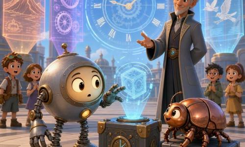Lumo, petit robot rond en métal brossé au regard-lampe émerveillé et prudent, tend la main mécanique vers un hologramme ondulant au centre d'une grande place pavée tandis que Tico, scarabée mécanique cuivre au regard malicieux, est perché sur une boîte métallique à côté ; un maître aux cheveux argentés, silhouette élancée en manteau long et sourire bienveillant, observe en posant une main ouverte pour guider, des colonnes transparentes projettent des panneaux holographiques colorés et un immense cadran d'horloge flotte au centre, des enfants en arrière-plan sont émerveillés, ambiance douce et technologique aux lumières bleu-ambre.