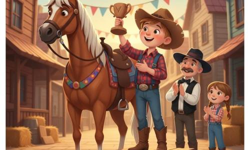Un garçon cow-boy d'environ 12 ans, visage souriant, chapeau usé, tient fièrement un petit trophée en bois sur une estrade en bois; il porte une chemise à carreaux, un jean poussiéreux et des bottes en cuir. À côté, son cheval Spot, grand alezan à crinière blanche, se tient calmement avec une selle simple et une bride colorée. Derrière lui, un juge moustachu d'une cinquantaine d'années applaudit, et deux amis (un garçon de 11 ans et une fille de 10 ans) applaudissent en retrait. La place du village, pavée de planches, entourée de façades en bois, banderoles et bottes de paille, baigne dans une lumière dorée de fin de journée; la scène joyeuse et chaleureuse, centrée sur le garçon et son cheval, évoque triomphe et amitié.