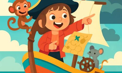Zoé, une jeune pirate intrépide, porte un grand chapeau noir avec une plume rouge. Ses cheveux bruns en bataille et son sourire éclatant révèlent son excitation. Elle tient une carte au trésor et pointe vers l'horizon, les yeux brillants d'aventure. À ses côtés, Olaf, un petit singe espiègle, grimpe sur le mât du bateau, ses yeux malicieux. Lili, une petite souris grise, se tient sur le pont, concentrée sur la barre du bateau. Le Joyeux Dauphin, un bateau pirate coloré avec des voiles blanches et un drapeau noir, navigue sur une mer turquoise. Des vagues douces entourent le bateau tandis que des nuages sombres s'accumulent au loin, créant une atmosphère d'excitation. Zoé et son équipage sont prêts à partir à l'aventure, cherchant un trésor caché, tout en faisant face à des requins curieux autour du bateau.