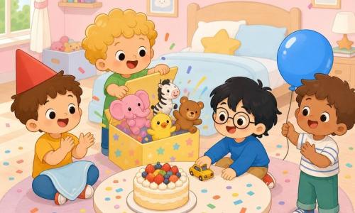 Quatre garçons de 5 ans fêtent un anniversaire dans une chambre lumineuse aux murs rose pâle : Léo, cheveux bruns courts et chapeau pointu rouge, assis à gauche avec une serviette sur les genoux ; Milo, cheveux blonds bouclés et t-shirt vert, debout centre-gauche en train d'ouvrir une boîte à surprises d'où jaillissent des peluches colorées (éléphant rose, zèbre, poussin jaune, ours) ; Tom, cheveux noirs mi-longs et lunettes rondes, assis centre-droit poussant une petite voiture jaune ; Hugo, cheveux châtains et sourire timide, à droite tenant un grand ballon bleu d'une main ; en arrière-plan un grand lit, une guirlande colorée, une table basse ronde avec un gâteau à la vanille décoré de fruits et quelques confettis au sol, ambiance joyeuse, couleurs vives et formes douces.