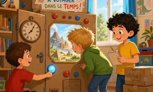 Trois garçons d'environ 8 ans dans une chambre d'enfant colorée et ensoleillée au sol en parquet clair : à gauche un garçon aux cheveux bruns courts en t-shirt rouge appuie sur un gros bouton bleu de leur machine en cartons, au centre un garçon aux cheveux blonds en bataille en pull vert se penche et regarde émerveillé par la fenêtre découpée, à droite un garçon aux cheveux noirs bouclés en t-shirt jaune tient un carnet et un crayon et prend des notes près d'un empilement de cartons ; la machine, décorée de boutons rouges et bleus, d'une vieille horloge, d'un grand dessin « Machine à voyager dans le temps », de guirlandes de papier et d'autocollants étoiles, laisse échapper de la porte entrouverte une lumière douce et tourbillonnante en bandes violettes et dorées ; atmosphère chaleureuse, expressions heureuses et curieuses, couleurs vives, lignes simples et formes rondes pour un rendu enfantin.