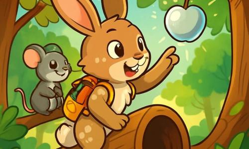 Au centre de l'image, un jeune lapin nommé Timothée grimpe sur un tronc d'arbre creux. Ses yeux brillent d'excitation et son pelage brun clair est parsemé de taches blanches. Il porte un petit sac à dos rempli de livres et tend sa patte vers une pomme d’argent accrochée à une branche, montrant sa détermination. À côté, une petite souris nommée Léonie l'observe avec un sourire encourageant, perchée sur une branche. En arrière-plan, la forêt d’Églantines s’étend avec des arbres majestueux et des rayons de soleil filtrent à travers les branches, créant une atmosphère magique. La scène illustre le moment où Timothée découvre la pomme d’argent, symbole d'un trésor caché.