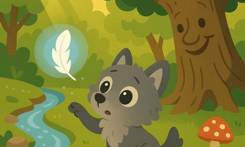 Loulou, un petit loup gris au pelage duveteux et aux yeux brillants, timide et émerveillé, tend la patte vers une Plume d'Étoile blanche et lumineuse qui descend en spirale vers son museau; le Chêne-Grand-Père, immense arbre au visage bienveillant, sourit et penche une branche, un ruisseau clair serpente à gauche, la clairière couverte de mousse, champignons rouges à pois blancs et rayons de soleil créent un moment magique et serein où le courage naît.