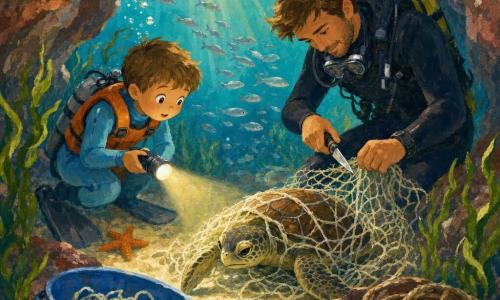 Un garçon de 6 ans, émerveillé, cheveux châtain clair courts, en combinaison bleu ciel et gilet orange, tient une lampe qui éclaire doucement un filet et une petite tortue marine fatiguée mais soulagée ; derrière lui, le père (35–40 ans, barbe naissante, cheveux bruns, combinaison sombre) coupe calmement le filet avec un petit couteau. La tortue captive est au centre-bas, un seau bleu avec des morceaux de filet et une corde posé sur un rocher submergé au premier plan. Lieu : grotte sous-marine peu profonde aux parois grises et brun-rouge, algues vertes, eau turquoise traversée de rayons dorés, bulles remontant et sable blond au fond ; ambiance tendre et sûre, poissons argentés s'enfuyant et une étoile de mer orange en arrière-plan. Style : gouache aux couleurs douces et traits visibles, contrastes chauds entre lumière et ombres bleues, composition centrée sur l’action.