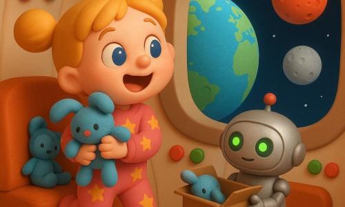 Lily, fillette joyeuse aux yeux bleus et couettes blondes, serre son doudou bleu en souriant dans une tenue rose à étoiles ; à côté, Pip, petit robot rond argent et rouge aux yeux LED verts, présente une boîte ouverte contenant le doudou retrouvé. Ils sont au centre d'une fusée au décor cosy et lumineux — murs blancs lisses, boutons colorés et grande fenêtre ovale montrant l'espace avec la Terre, la Lune proches et Mars au loin — textures et formes arrondies, ombrages doux, arrière-plan minimal pour focaliser sur leurs visages expressifs.