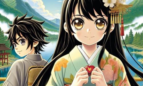 Aiko, une jeune fille de 12 ans, affiche une expression déterminée, avec de longs cheveux noirs et un kimono aux motifs floraux. Elle tient un talisman en forme de cœur. À ses côtés, Kenji, également âgé de 12 ans, sourit et porte un yukata léger. Ensemble, ils se tiennent à l'entrée d'une vallée majestueuse, prête à traverser un pont suspendu. Le paysage, avec des montagnes verdoyantes et un lac cristallin, est enveloppé d'une légère brume, ajoutant une atmosphère mystérieuse à leur quête pour restaurer l'harmonie entre les vivants et les esprits.