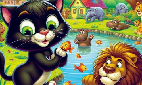Un chat farceur nommé Félix, avec un pelage noir et des yeux verts, se tient au bord d'une mare, souriant malicieusement. À côté de lui, un lion bavard nommé Léo, avec une crinière dorée, se cache derrière un buisson, prêt à rire. La scène se déroule dans un village animé, entouré d'arbres et de fleurs, où d'autres animaux curieux se rassemblent. Félix prépare une farce en plaçant un poisson rouge sur le dos d'un hippopotame grognon, tandis que des rires résonnent dans l'air ensoleillé.
