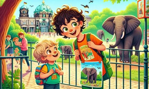 Un garçon de 10 ans, Lucas, aux cheveux bruns et bouclés, se tient devant le zoo de Berlin, visiblement excité par les éléphants. À ses côtés, son petit frère Max, 6 ans, avec des cheveux blonds, tient un dessin d'éléphant et sourit. Leur maman, dans la trentaine, les observe avec fierté tout en tenant un panier de currywurst. Le zoo est verdoyant, avec des allées pavées et des enclos bien entretenus, tandis que des visiteurs admirent les animaux. Lucas et Max, émerveillés, sont encouragés par leur maman à explorer le zoo, créant un moment de joie familiale.