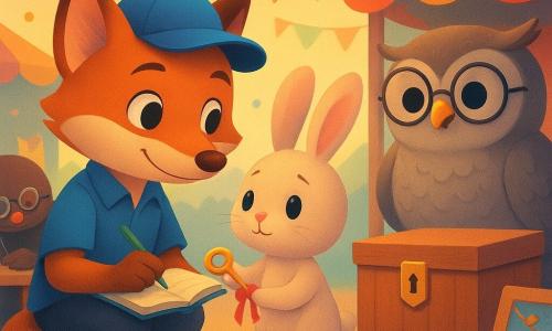 Rémi, renard anthropomorphe au pelage roux et casquette bleue de travers, accroupi avec un carnet, sourit doucement; Lila la lapine, petite et ronde à la fourrure claire, tend une clé dorée attachée à un ruban rouge vers Madame Hibou, chouette ronde aux plumes grises et lunettes, debout derrière une boîte en bois fermée par une serrure brillante, émue et reconnaissante; la taupe bricoleuse, lunettes basses et trousse ouverte, veille en arrière-plan. La scène se déroule sur une place de carnaval en fin d’après-midi, guirlandes et stands en bois, lumière chaude et ombres douces, ambiance de partage et de réparation, style enfantin aux couleurs vives, formes arrondies et textures papier et bois visibles.