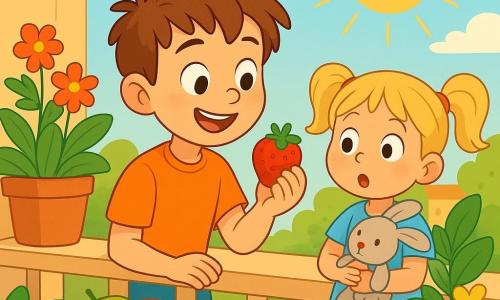 Un petit garçon de 6 ans, Timo, avec des cheveux bruns en bataille et des yeux curieux, se tient sur un balcon ensoleillé. Il sourit émerveillé en tenant une fraise rouge dans sa main. À côté, sa sœur Lila, 4 ans, aux cheveux blonds et en couettes, regarde la fraise, son doudou lapin contre elle. Le balcon est décoré de pots de fleurs colorés, créant une atmosphère joyeuse. Timo prépare un goûter entouré de fruits variés et explique à Lila comment partager la fraise, créant un moment de complicité.