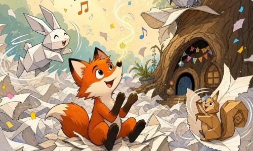 Rémi, un renard anthropomorphe à fourrure rousse, yeux curieux et sourire malicieux, est assis sur une pile de feuilles blanches ondulantes, applaudissant tandis qu'une minuscule poussière lumineuse dorée virevolte au-dessus de son museau; autour de lui, un lapin origami blanc bondit, un écureuil origami brun clair tourne accroché à une feuille et un hibou origami gris perché observe, le tout dans une clairière au pied d'un grand arbre creux-maison baignée d'une lumière matinale dorée, avec des vagues de papier dansantes, lignes de mouvement, notes musicales et confettis de papier.
