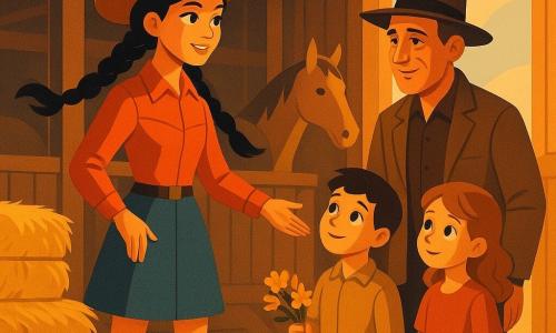 Lily, une jeune cow-girl aux cheveux noirs tressés, se tient avec détermination, portant un chapeau de cow-boy et des bottes en cuir usé. Elle rassure un groupe de voyageurs. À ses côtés, un homme d'une quarantaine d'années, chef du groupe, affiche un sourire reconnaissant malgré la fatigue. Deux enfants, un garçon et une fille d'environ 8 ans, regardent Lily avec admiration. La scène se passe dans une grange en bois, éclairée par la lumière du matin, avec des bottes de foin et des chevaux en arrière-plan. Lily et les voyageurs se préparent à quitter le ranch après avoir surmonté une tempête, dans une ambiance de gratitude et d'amitié.