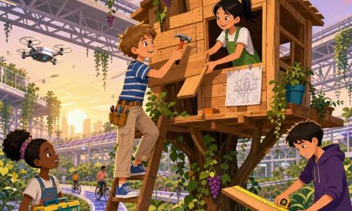 Un garçon de 10 ans, cheveux châtain clair en bataille, t-shirt rayé bleu et pantalon beige, cloue une planche avec un petit marteau orange sur une cabane en bois perchée dans un arbre suspendu; à sa droite, Emma, 10 ans, cheveux noirs en queue de cheval et salopette verte, lui passe une planche depuis l'intérieur; deux autres enfants (garçon ~9 ans mesurant une planche au mètre jaune, fille ~11 ans tenant une boîte d'outils colorés) aident en arrière-plan. Le jardin suspendu, sous passerelles métalliques blanches, est envahi de lianes aux grappes de fruits pourpres, pistes de vélos solaires brillantes et petits drones argentés; la lumière chaude du crépuscule, des guirlandes multicolores et des feuilles frémissantes créent une ambiance joyeuse et coopérative, avec gestes précis, plans et outils visibles, mêlant nature et technologie. Style graphique : formes simples, couleurs plates et vives, contours nets et ombres minimalistes, adapté aux enfants.