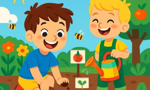 Un garçon de 8 ans, Simon, avec des cheveux bruns en bataille et un grand sourire, est accroupi dans un jardin ensoleillé, tenant une petite pelle. Il porte un t-shirt bleu et un short jaune, ses mains sont couvertes de terre. À côté de lui, son ami Lucas, aussi âgé de 8 ans, avec des cheveux blonds et une salopette verte, rit en tenant un arrosoir coloré. Le jardin est rempli de fleurs, de légumes et d'arbres fruitiers. Le ciel est bleu avec quelques nuages, et des abeilles bourdonnent autour. Simon et Lucas plantent des graines de tomates, affichant des expressions de bonheur et d'excitation, illustrant la magie de l'été et le plaisir de jardiner ensemble.