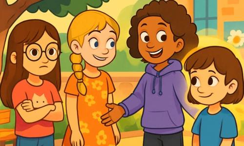 Quatre personnages se trouvent dans une cour d'école ensoleillée : Emma, une fille de 11 ans avec de longs cheveux bruns et des lunettes rondes, porte un t-shirt rose avec un chat et un jean bleu, les bras croisés avec une expression déterminée. Clara, également de 11 ans, a des cheveux blonds tressés et porte une robe à fleurs avec des baskets blanches, se tenant au centre avec bienveillance envers Léa. Lila, avec des cheveux bouclés châtains et un grand sourire, porte un sweat violet et un pantalon noir, tendant la main vers Léa pour lui montrer son soutien. Léa, 10 ans, a des cheveux courts châtains, un t-shirt bleu et un short, se tenant légèrement en retrait avec un air timide mais des yeux brillants d'espoir. La scène montre les trois amies s'approchant de Léa, prête à lui offrir leur soutien, tandis qu'elle commence à sourire, entourée d'une lumière douce.