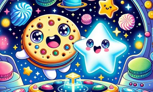 Dans un vaisseau spatial coloré, Biscottine, une boîte à biscuits joyeuse, sourit avec un biscuit en forme d'étoile dans ses mains. À ses côtés, Luminou, un éclat d'étoile lumineux, danse autour d'elle. Le vaisseau est rempli de boutons brillants et de lumières scintillantes, avec des fenêtres sur un ciel étoilé. Biscottine et Luminou courent à travers l'espace, entourés de Gumdrops qui les encouragent, créant un tourbillon de couleurs et de rires.