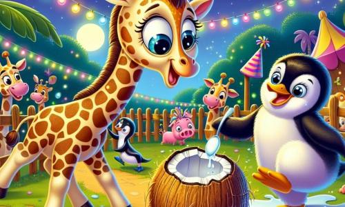 Une girafe joyeuse nommée Ginette, avec un long cou tacheté de marron et des grands yeux brillants, se tient au centre de la scène, souriante et curieuse face à une noix de coco fissurée. À côté, Paul le pingouin, en plumage noir et blanc avec un chapeau de fête, tient une cuillère et saute de joie, impatient de goûter à la glace qu'il prépare. Gustave, un cochon rose souriant, glisse dans une flaque de boue, éclaboussant les autres animaux. La scène se déroule dans un zoo sous un ciel étoilé, avec des enclos colorés, des arbres verdoyants et des lumières scintillantes. Ginette et ses amis célèbrent la découverte de la noix de coco, riant et prêts à déguster la glace à la noix de coco pour l'anniversaire de Lulu la loutre.