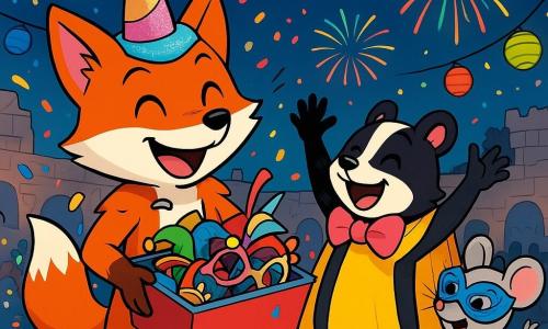 Un renard nommé Filou, avec un pelage roux et des yeux joyeux, se tient au sommet des remparts, souriant, entouré de confettis. Il porte un chapeau en forme de licorne et tient une boîte à costumes. À ses côtés, Gaspard le putois, avec son pelage noir et blanc et un poncho jaune, rit en essayant un gros nœud papillon rose. Plus loin, Daisy la souris, avec un masque vénitien bleu, danse joyeusement. Le décor est celui d'un carnaval animé, avec des lanternes colorées et une foule dansante. Des feux d'artifice illuminent le ciel, tandis que Filou et ses amis célèbrent une nuit festive.