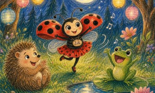 Une petite coccinelle joyeuse nommée Lili danse au centre d'une clairière sous une grande lune argentée, un hérisson timide Hugo roule et applaudit, une grenouille souriante chante depuis un nénuphar au bord d'une flaque, lampions, fleurs et herbe créent une ambiance de fête nocturne chaleureuse.