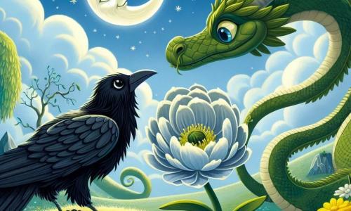 Un corbeau nommé Noiraud, avec des plumes noires et des yeux curieux, se tient au sommet d'une colline verdoyante, le vent ébouriffant ses plumes. Il admire une fleur de lune illuminée d'une lumière argentée, entourée de fleurs colorées. À ses côtés, un serpent aux écailles scintillantes, devenu dragon, l'observe attentivement. En arrière-plan, une clairière enchantée est remplie de fleurs dansantes et d'arbres majestueux sous un ciel bleu. Noiraud tend la fleur de lune au dragon, symbolisant leur amitié et la magie de leur rencontre.