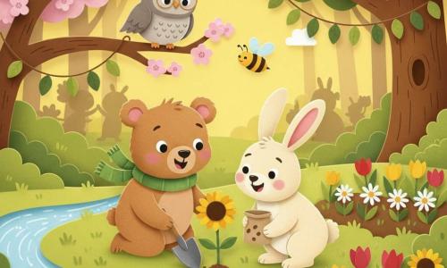 Un petit ours nommé Oscar, pelage brun clair feutré, yeux noirs ronds et grand sourire, écharpe verte, accroupi plantant une pousse de tournesol avec une pelle en bois; à sa droite Louis le lapin crème aux grandes oreilles roses, joyeux, tient un sachet de graines et l'aide; Madame Plume, chouette gris cendré aux lunettes rondes, observe depuis une branche basse d'un cerisier en fleurs, ailes repliées; une abeille jaune et noire bourdonne au-dessus des fleurs; clairière ensoleillée à l'orée d'une forêt, ruisseau à gauche, grand chêne à l'arrière, parterres de tulipes, marguerites et tournesols en rangs; festival de printemps joyeux avec guirlandes, animaux enfants rieurs en arrière-plan, couleurs vives, textures de papier visibles, atmosphère lumineuse et accueillante.