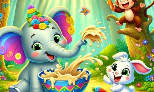 Un éléphant joyeux nommé Émile mélange une pâte à gâteau dans une grande bassine, éclaboussant de la pâte autour de lui. À ses côtés, un petit lapin nommé Riri saute de joie avec une carotte, tandis qu'un singe espiègle nommé Samba grimpe à un arbre en riant. La forêt enchantée est pleine d'arbres aux feuilles vertes, de fleurs colorées et de rayons de soleil, créant une ambiance magique. Émile, Riri et Samba s'amusent ensemble, transformant leur cuisine en un joyeux désordre.