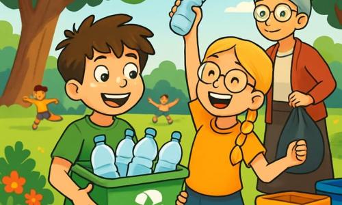 Lucas, un garçon de 10 ans aux cheveux bruns en bataille et aux yeux curieux, sourit en tenant un bac de recyclage rempli de bouteilles en plastique. Il porte un t-shirt vert avec un dessin de planète et un short bleu. À ses côtés, Sarah, 9 ans, avec des cheveux blonds tressés et des lunettes rondes, lève les bras en tenant une bouteille en plastique, souriante. En arrière-plan, Madame Dupont, une femme âgée avec des cheveux gris en chignon et des lunettes, les observe fièrement, les mains sur les hanches, tout en tenant un sac de déchets. La scène se déroule dans un parc verdoyant, où des enfants jouent sur l'herbe et des bacs de recyclage sont disposés autour d'eux. Lucas et ses amis trient les déchets, riant et apprenant l'importance du recyclage, tandis que des rayons de soleil illuminent leur enthousiasme pour protéger l'environnement.