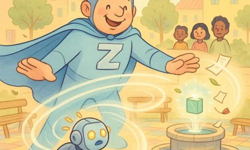 Super Zéphir, grand, souriant et bienveillant, visage rond, cape bleu clair flottante, casque rond argenté brillant et grand Z argenté sur la poitrine, tend les bras et crée un coussin de vent moelleux visible en courbes translucides ; Pipo, petit robot métallique de la taille d’un chien aux roues brillantes et clignotantes orange, paraît surpris et ralenti près des pieds du héros ; une petite boîte carrée verte flotte au-dessus d’une fontaine en pierre et contient une bulle d’énergie scintillante qui attire papiers et un petit cerf‑volant rouge ; la place des enfants est pavée et colorée avec une fontaine centrale, bancs en bois, chapeaux et feuilles virevoltant, et bâtiments bas aux façades pastel en arrière‑plan ; l’homme protège calmement le robot avec un vent en spirale doux, la bulle est enfermée et les habitants sourient au loin, le tout dans une palette douce de bleus pâles, jaunes chauds et roses tendres, lignes rondes et textures de crayons pour une ambiance lumineuse et rassurante.