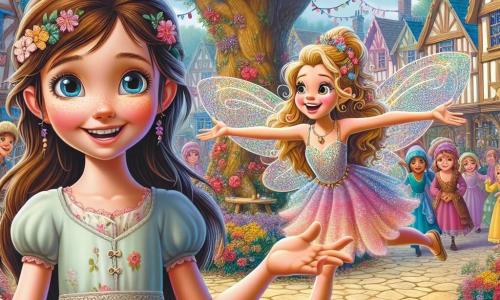 Élodie, une fille de 12 ans aux longs cheveux bruns et aux yeux curieux, se tient au centre de la scène avec un large sourire. Elle porte une robe légère à motifs floraux et ses joues sont rosées d'excitation. À ses côtés, Félicie, une petite fée aux ailes scintillantes et aux cheveux dorés, virevolte joyeusement. En arrière-plan, le village de Florebois est décoré pour la Saint-Valentin, avec des guirlandes de cœurs rouges et des lanternes scintillantes. Les maisons en bois pastel sont entourées de fleurs éclatantes, et un grand chêne se dresse au centre de la place. Élodie et Félicie partagent un moment magique en rassemblant les villageois autour d'une grande table décorée, créant une atmosphère chaleureuse et festive, remplie de rires et de joie.