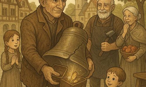 Un voyageur au visage ridé mais doux, vêtu d’un manteau brun usé et de bottes poussiéreuses, tient délicatement une grande cloche fendue et une petite boîte de cuir ouverte contenant une plume lumineuse, une graine dorée et un flacon d’eau claire ; un forgeron âgé au tablier sombre, sourire aux lèvres et marteau appuyé sur l’épaule, se tient prêt à frapper, tandis que deux enfants aux yeux émerveillés et une vieille femme tenant un panier de pommes chuchotent depuis la place du village. Le décor : place d’un village de vergers en automne avec pavés irréguliers, maisons à colombages ocre, pommiers chargés et une vieille église au clocher de pierre en arrière-plan ; scène centrale : réparation magique de la cloche au pied du clocher, lumière douce de fin d’après-midi, légère brume argentée autour de la cloche et éclats lunaires sur le métal réparé, ambiance heroic fantasy chaleureuse et pleine d’espoir.