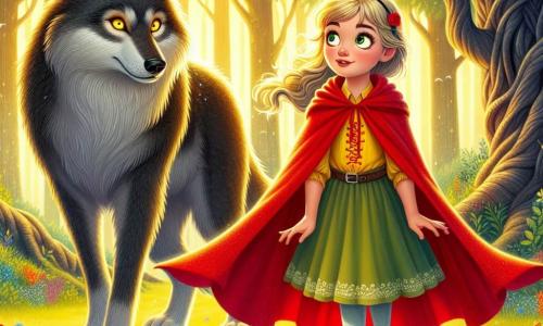Élodie, une petite fille de 12 ans aux cheveux blonds et aux yeux curieux, se tient au centre d'une clairière. Elle porte une cape rouge vif et affiche une expression de détermination et d'émerveillement face à un grand méchant loup au pelage gris foncé et aux yeux jaunes tristes. Le loup, légèrement incliné vers elle, semble chercher du réconfort. La clairière, baignée de lumière dorée et entourée de grands arbres, est ornée de fleurs colorées et d'un vieux chêne majestueux en arrière-plan. Élodie et le loup sont en pleine conversation, elle levant la main avec assurance tandis qu'il l'écoute attentivement.