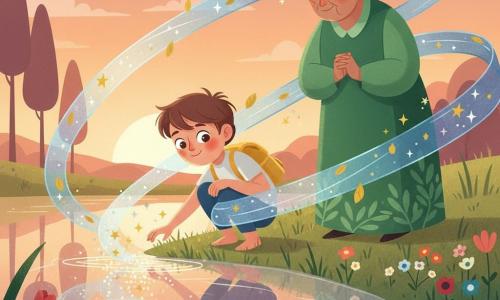 Un garçon de six ans, Léo, souriant et rêveur, cheveux châtains en bataille, yeux pétillants, accroupi au bord d’un lac au coucher du soleil, touche l’eau du bout des doigts ; il porte un petit sac à dos jaune et affiche une expression douce, joues rosées et posture attentive. À quelques pas derrière lui, une vieille femme d’environ 70 ans, la Sagesse, cheveux blancs en chignon et robe verte à motifs feuille, les mains jointes et sourire bienveillant, veille sur lui. Un ruban translucide bleu-argent, le Vent d’Aventure, tourbillonne autour d’eux avec des petites feuilles et étoiles dorées. Le lac paisible reflète des bandes orangées, roses et violettes, les rives herbeuses sont parsemées de fleurs sauvages et des silhouettes d’arbres stylisés se profilent à l’arrière-plan ; ambiance calme et pleine de promesse, palette chaude contrastée par des bleus métalliques et verts naturels, formes art déco simples et lignes épurées.