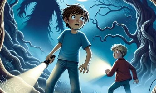 Lucas, un garçon de 12 ans aux cheveux bruns en désordre et aux yeux écarquillés, se tient au centre de la scène, portant un t-shirt bleu et un jean, avec une lampe de poche qui éclaire timidement son visage. À ses côtés, son ami Max, également âgé de 12 ans, a les cheveux blonds et une veste rouge, affichant une expression d'inquiétude. La scène se déroule dans une forêt dense, où des arbres tordus projettent des ombres inquiétantes sous la lumière de la lune, tandis qu'un épais brouillard enveloppe le sol, créant une atmosphère mystérieuse. Lucas se tient devant un vieux chêne, prêt à affronter l'Esprit des Ombres qui se cache dans l'obscurité, tandis que le vent souffle, ajoutant du suspense.