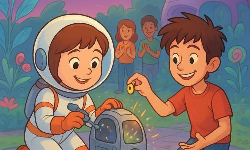 Lila, jeune astronaute aux cheveux châtains courts et au visage rond, est agenouillée, concentrée et joyeuse, réparant une petite machine scintillante avec des outils colorés; Tom, garçon d'environ 12 ans aux cheveux en bataille et au sourire malicieux, lui tend une pièce brillante; en arrière-plan un groupe d'étudiants sourit et applaudit; le décor est un jardin extraterrestre sur la planète Nova avec feuilles translucides et lumineuses, fleurs spirales roses et bleues, chemins en dalles argentées et bâtiments organiques arrondis; la machine, en métal poli et verre fumé, émet un bourdonnement doux et des étincelles multicolores au contact; lumière douce de fin d'après-midi, ciel violet étoilé, ombres longues et couleurs chaudes; style graphique net, lignes rondes, textures simples et couleurs vives, composition centrée sur Lila et Tom avec légère perspective plongeante.