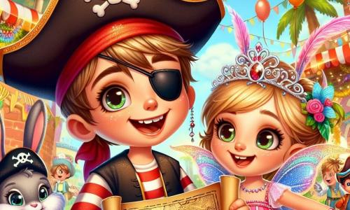 Lucas, un garçon de 8 ans, est au centre de l'image, vêtu d'un costume de pirate avec un chapeau noir et un bandeau sur l'œil. Il exprime une grande excitation tout en tenant une carte au trésor. À ses côtés, sa meilleure amie Chloé, 7 ans, porte un costume de fée scintillant et regarde Lucas avec émerveillement. En arrière-plan, Max, un lapin, et Coco, un perroquet, volent autour d'eux, ajoutant une touche de magie. Le décor est une place de village animée pour le carnaval, avec des ballons, des guirlandes de fleurs et des enfants déguisés. Lucas et Chloé, entourés de leurs amis animaux, découvrent une carte au trésor qui les entraîne dans une aventure joyeuse au carnaval.