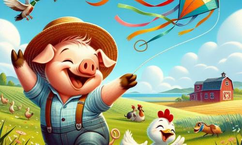 Cochonnet, un cochon joyeux avec un chapeau de paille et une queue en tire-bouchon, saute de joie en tenant une ficelle, tandis que son cerf-volant coloré, Monsieur Vent, s'élève dans le ciel. À ses côtés, Lila la poule, aux plumes blanches et à l'expression curieuse, admire le cerf-volant, tandis que Gustave le canard, avec des lunettes de soleil et un sourire malicieux, applaudit sur l'herbe verte. En arrière-plan, un champ ensoleillé avec des fleurs colorées et une grange rouge crée une ambiance festive. La scène illustre la célébration du vol du cerf-volant par Cochonnet et ses amis, remplis d'excitation et de camaraderie.