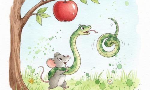 Samy, un serpent long aux écailles vert clair et vert sapin et la langue rose, tend la tête vers une grosse pomme rouge tandis que Mimi, une petite souris grise au pelage doux, le porte sur son dos en sautant vers la branche ; le pommier au tronc brun porte la pomme haute, le jardin herbeux parsemé de fleurs jaunes et blanches sous un ciel bleu pâle, la scène comique montre leur déséquilibre prêt à les faire tomber dans l'herbe.