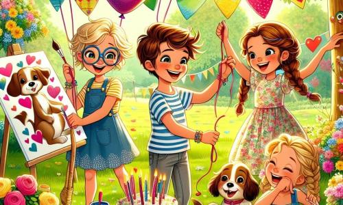 Dans un parc ensoleillé, quatre enfants préparent une fête des pères. Léo, 8 ans, accroche une banderole "Bonne fête des pères!" à un arbre. Mathilde, 7 ans, peint des cœurs sur une toile. Hugo, 9 ans, rit avec un ballon en forme de chien, et Emma, 8 ans, décore une table de gâteaux en forme de cœur. Le parc est verdoyant avec de grands arbres, des fleurs colorées et un ciel bleu. Les enfants, excités et joyeux, s'affairent à organiser une surprise pour leurs papas.