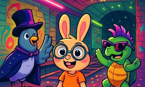 Basile Lapin, un petit lapin aux grandes lunettes rondes et aux baskets fluo, est au centre de l'image, écarquillant les yeux d'émerveillement avec un sourire joyeux. Il est assis sur le sol d'une salle illuminée par des néons roses et verts, entouré de confettis scintillants. À sa droite, un pigeon en costume de magicien, avec un chapeau haut de forme et une cape brillante, lève une patte pour saluer Basile avec une expression enthousiaste. À sa gauche, une tortue punk à crête violette, portant des piercings et des lunettes de soleil, danse sur ses pattes arrière, les yeux pétillants de joie. Le lieu est une station de métro abandonnée, ornée de graffitis colorés et de lumières clignotantes, avec des vieux rails de train et des murs en briques. Des étoiles scintillantes sont projetées sur le plafond, créant une ambiance magique. Basile découvre ce monde fantastique tandis que le pigeon et la tortue célèbrent son arrivée avec une petite fête improvisée, remplie de rires et de musique disco.