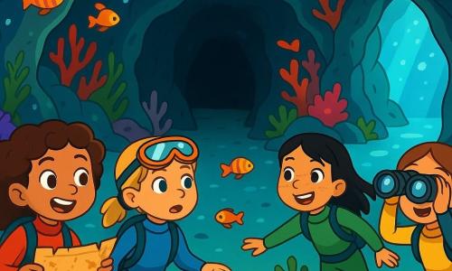 Quatre enfants se trouvent près d'une grotte sous-marine mystérieuse. Lila, 10 ans, cheveux bruns bouclés, porte une combinaison de plongée rouge et tient une carte, regardant la grotte avec excitation. Zoé, 10 ans, cheveux blonds tressés, en combinaison bleue, observe attentivement les alentours. Amaya, 10 ans, cheveux noirs lisses, vêtue d'une combinaison verte, nage avec un sourire d'aventure. Inès, 10 ans, cheveux châtains, en combinaison jaune, utilise des jumelles pour scruter l'horizon. L'environnement est rempli de parois rocheuses, d'algues brillantes et de coraux colorés, avec des poissons multicolores. Elles hésitent entre trois chemins : un tunnel sombre, une forêt de coraux éclatants et un passage illuminé, prêtes à explorer ce monde secret.