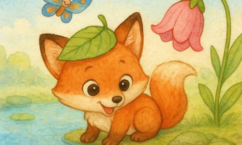 Un petit renard roux joyeux et émerveillé, aux yeux brillants et portant une feuille en guise de chapeau, est accroupi au bord du Lac-Étoile en train de boire; un papillon bleu et orange le guide au-dessus de lui tandis qu'une fleur cloche rose penche pour l'encourager, de petits poissons argentés éclaboussent dans l'eau claire parsemée de paillettes dorées et de nénuphars sous un ciel bleu doux.