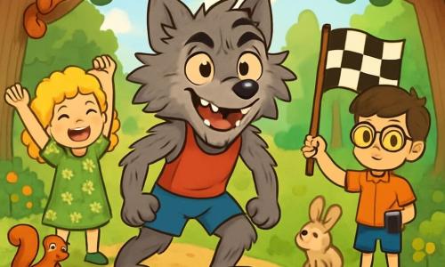 Un jeune loup-garou espiègle nommé Léo se tient sur la ligne de départ d'une course, avec une fourrure grisâtre et des yeux malicieux. Il sourit, plein d'excitation et de détermination, prêt à s'élancer dans la forêt enchantée. À ses côtés, une petite fille de 8 ans, aux cheveux bouclés et blonds, l'encourage en levant les bras. Un garçon de 9 ans, avec des lunettes et des cheveux bruns, se tient en retrait, tenant un drapeau de départ, sérieux. La scène se déroule dans une clairière ensoleillée, entourée d'arbres majestueux et de fleurs colorées, où des animaux curieux observent la course. Léo est prêt à courir, entouré de ses amis, impatients de voir qui sera le champion.