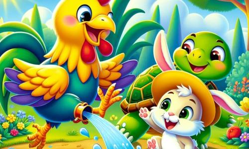 Un coq joyeux avec des plumes dorées et un grand bec orange saute de joie dans un champ ensoleillé. À côté, une tortue avec une carapace verte et un chapeau jaune sourit en tenant un arrosoir. Un lapin aux grandes oreilles blanches, surpris et amusé, lève les pattes comme s'il venait de recevoir une goutte d'eau. En arrière-plan, une forêt enchantée avec des arbres colorés, des fleurs éclatantes et un ciel bleu. La scène dépeint le coq et ses amis riant ensemble, l'arrosoir versant de l'eau sur le lapin, créant une ambiance joyeuse.