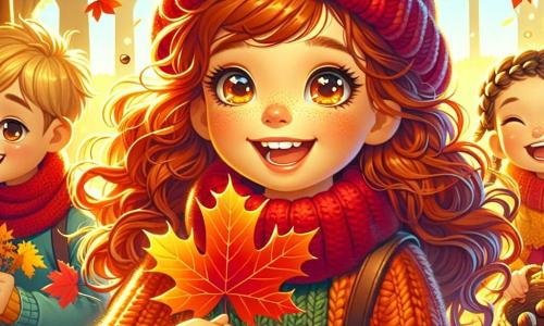 Louise, une fille de 12 ans aux cheveux châtains et bouclés, porte un gros pull orange et un bonnet rouge. Son visage exprime joie et émerveillement alors qu'elle tient une feuille d'érable rouge vif. À ses côtés, Maxime, un garçon blond aux yeux pétillants, sourit en montrant sa propre feuille. Sofia, une autre fille avec des tresses brunes, ramasse des marrons en riant. Ils se trouvent dans un parc automnal, entourés de feuilles flamboyantes et d'une lumière dorée du soleil. Ils explorent et cherchent des trésors d'automne, remplis de rires et de joie.