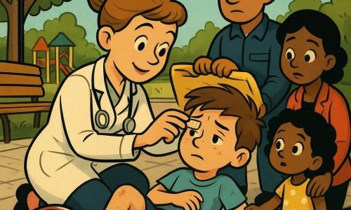 La docteure Lucie, souriante et concentrée, cheveux châtain clair en chignon, blouse blanche et stéthoscope, s'agenouille pour panser délicatement la tête de Maxime (environ 8 ans) allongé sur le trottoir avec du sable et de la poussière aux genoux et son casque de vélo rayé à côté ; Emma (7 ans), cheveux bouclés en robe à pois, tient la main de sa maman et regarde curieuse, la mère de Maxime, accroupie, veste rouge vive, pose une main rassurante sur l'épaule du garçon ; un ambulancier d'environ 30 ans, uniforme bleu foncé et civière pliée, se tient prêt derrière la docteure ; lieu : petite rue pavée devant un parc avec banc, arbres, aire de jeux et lampadaire rétro sous un ciel bleu; ambiance : intervention calme après une chute à vélo, solidarité et urgence maîtrisée, couleurs chaudes et contrastées, style « rubber hose » aux lignes courbes, avec petites taches de poussière, pansements autocollants, boîtes de premiers secours rouges et éclats de lumière dorée sur les vitres de l'ambulance.