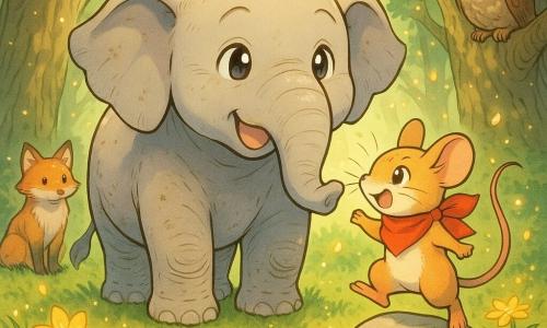 Néro, un grand éléphant gris clair au sourire doux et à la trompe légèrement levée, promet avec une expression apaisée ; à ses côtés Miette, une petite souris rousse au foulard rouge vif, saute en riant pour l'encourager ; autour, un renard et un hibou observent depuis les bords d'une clairière herbeuse parsemée de fleurs dorées qui s'ouvrent et laissent tomber des pétales scintillants, arbres noueux formant une demi-lune, rayons de soleil et poussières lumineuses, ambiance chaleureuse aux couleurs pastel (verts doux, ors lumineux, rouge), composition centrée, traits nets et expressions mignonnes exagérées style manga.