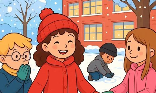 Quatre enfants jouent dans une cour d'école enneigée. Lisa, 8 ans, avec des cheveux bruns et bouclés, porte un manteau rouge et aide Maël, 7 ans, aux cheveux blonds et lunettes, qui est en manteau bleu et écharpe jaune. Clémentine, 8 ans, cheveux longs et raides, est en manteau rose et dessine sur la vitre embuée. Hugo, 7 ans, avec des cheveux châtains et un bonnet noir, dessine des cercles dans la neige. L'ambiance est joyeuse, avec des flocons tombant dans un décor hivernal.